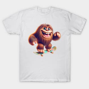 Son of Sasquatch Skateboarding | Little Bigfoot Skating and Smiling on a Skateboard T-Shirt